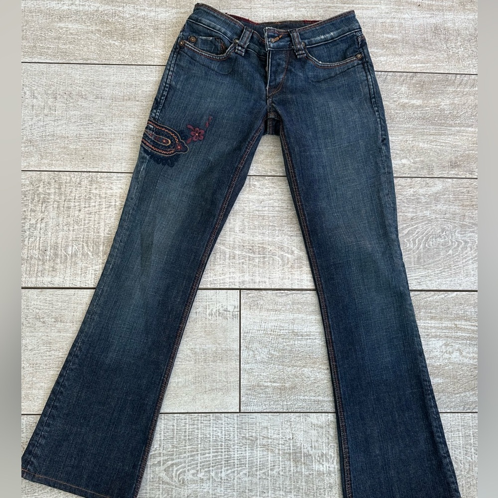 Embroidered Dark Blue Flare Jeans